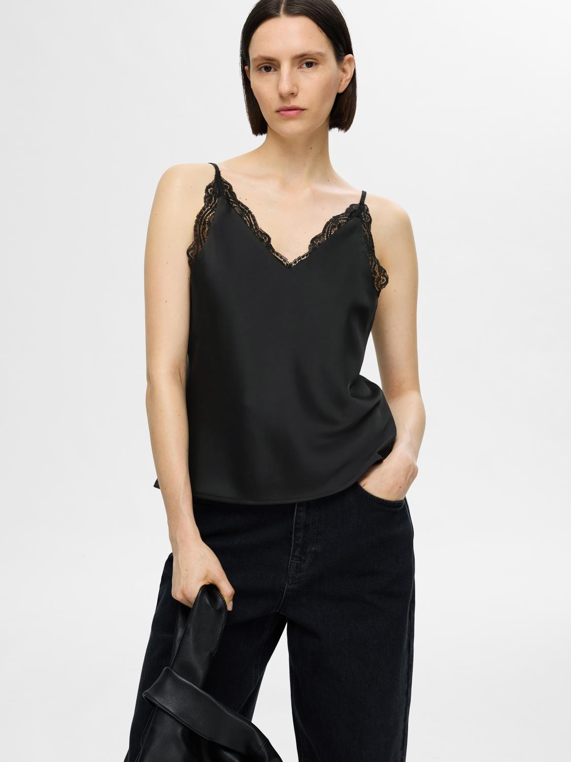 Alena Lace Trim Strap Top - Black
