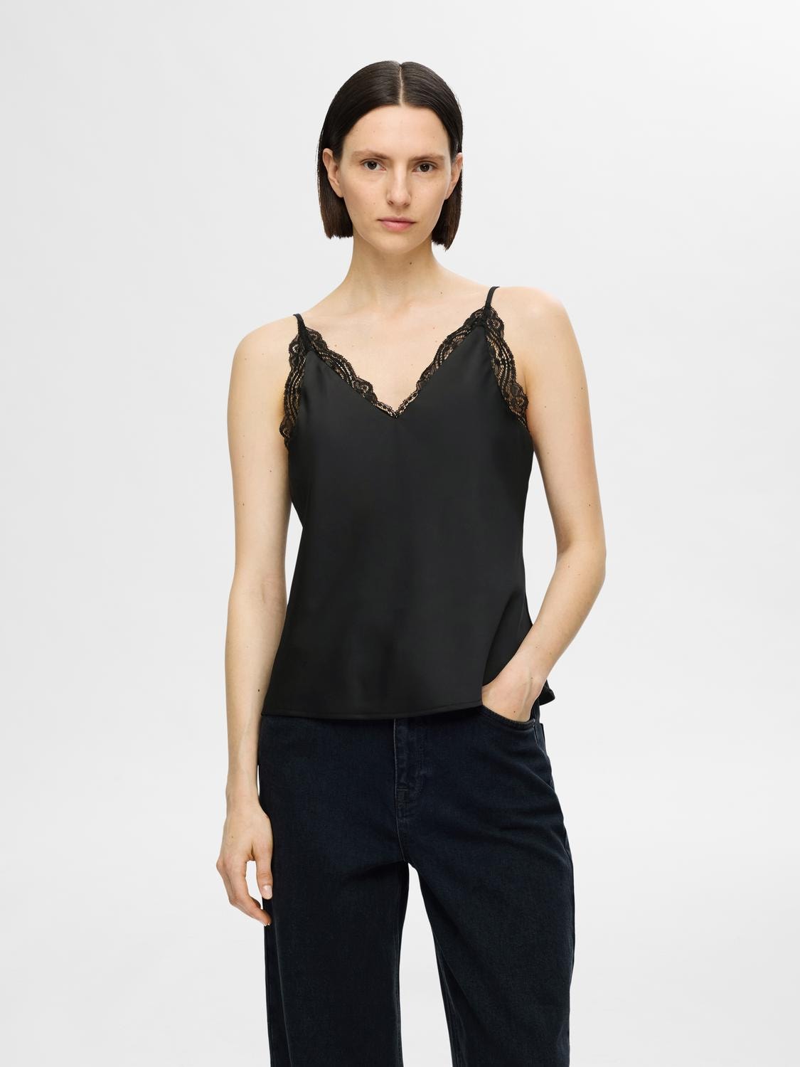 Alena Lace Trim Strap Top - Black