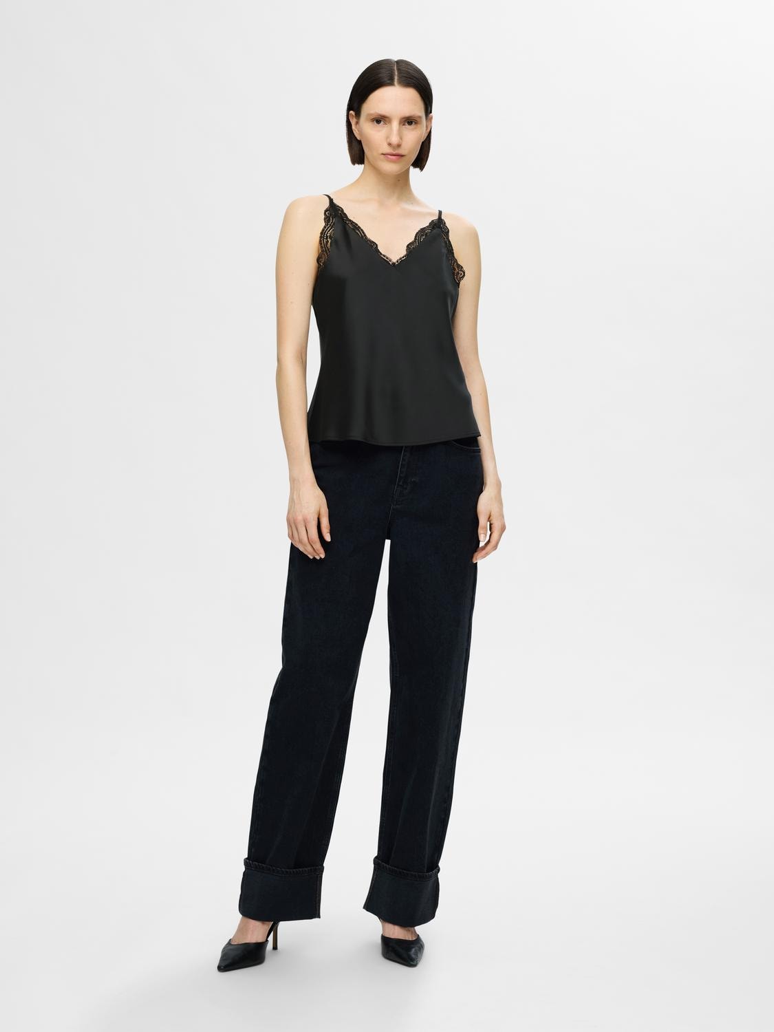 Alena Lace Trim Strap Top - Black