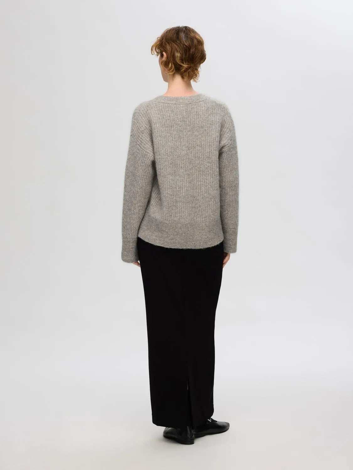 Alva Melange Ls Knit V-Neck - Steel Gray Birch