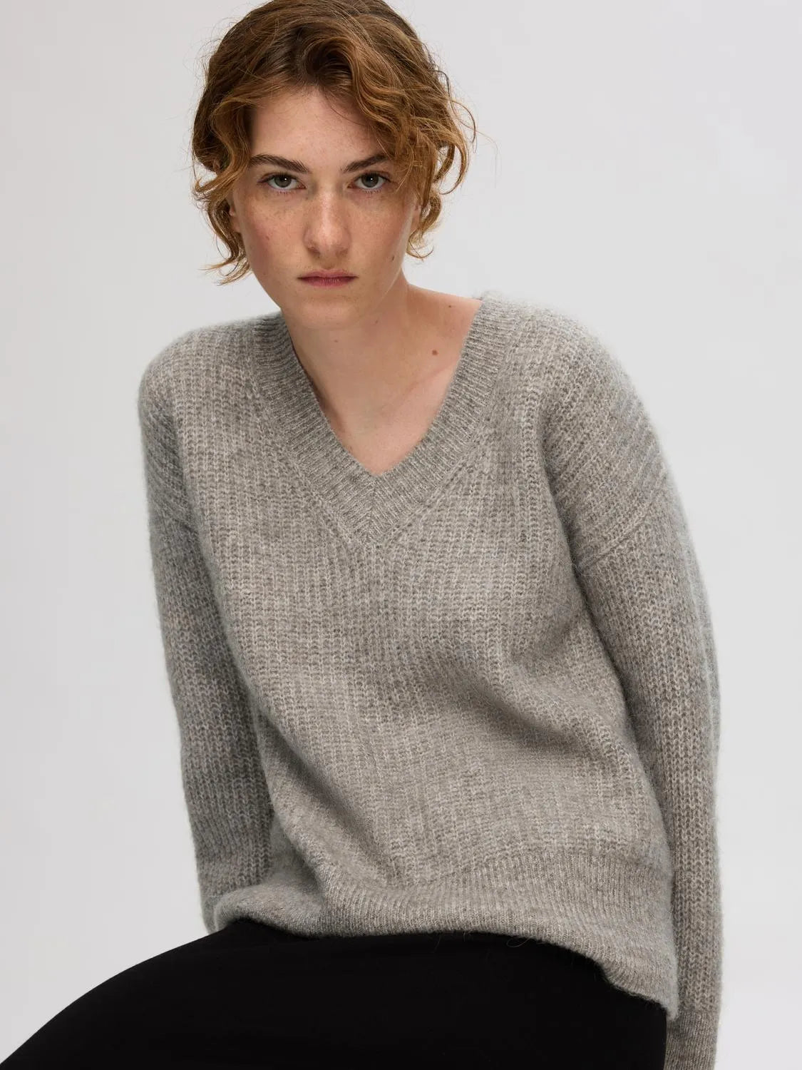 Alva Melange Ls Knit V-Neck - Steel Gray Birch