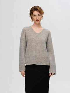 Alva Melange Ls Knit V-Neck - Steel Gray Birch