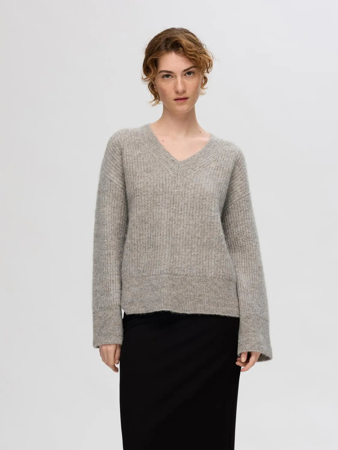 Alva Melange Ls Knit V-Neck - Steel Gray Birch