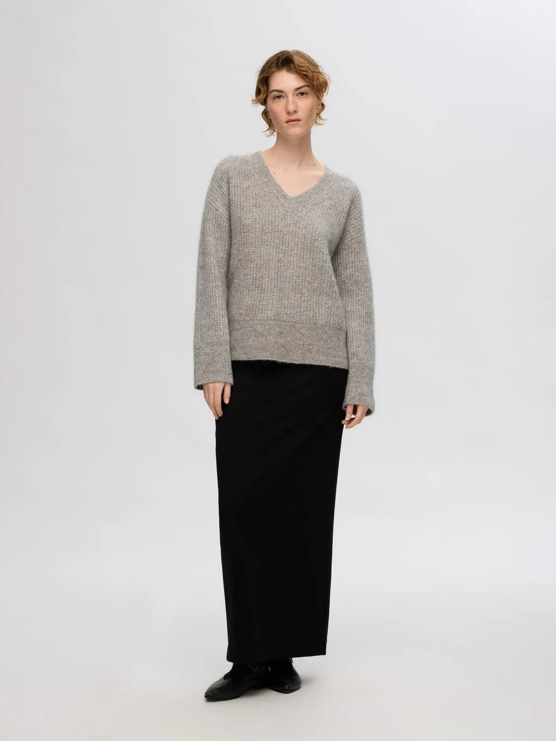 Alva Melange Ls Knit V-Neck - Steel Gray Birch