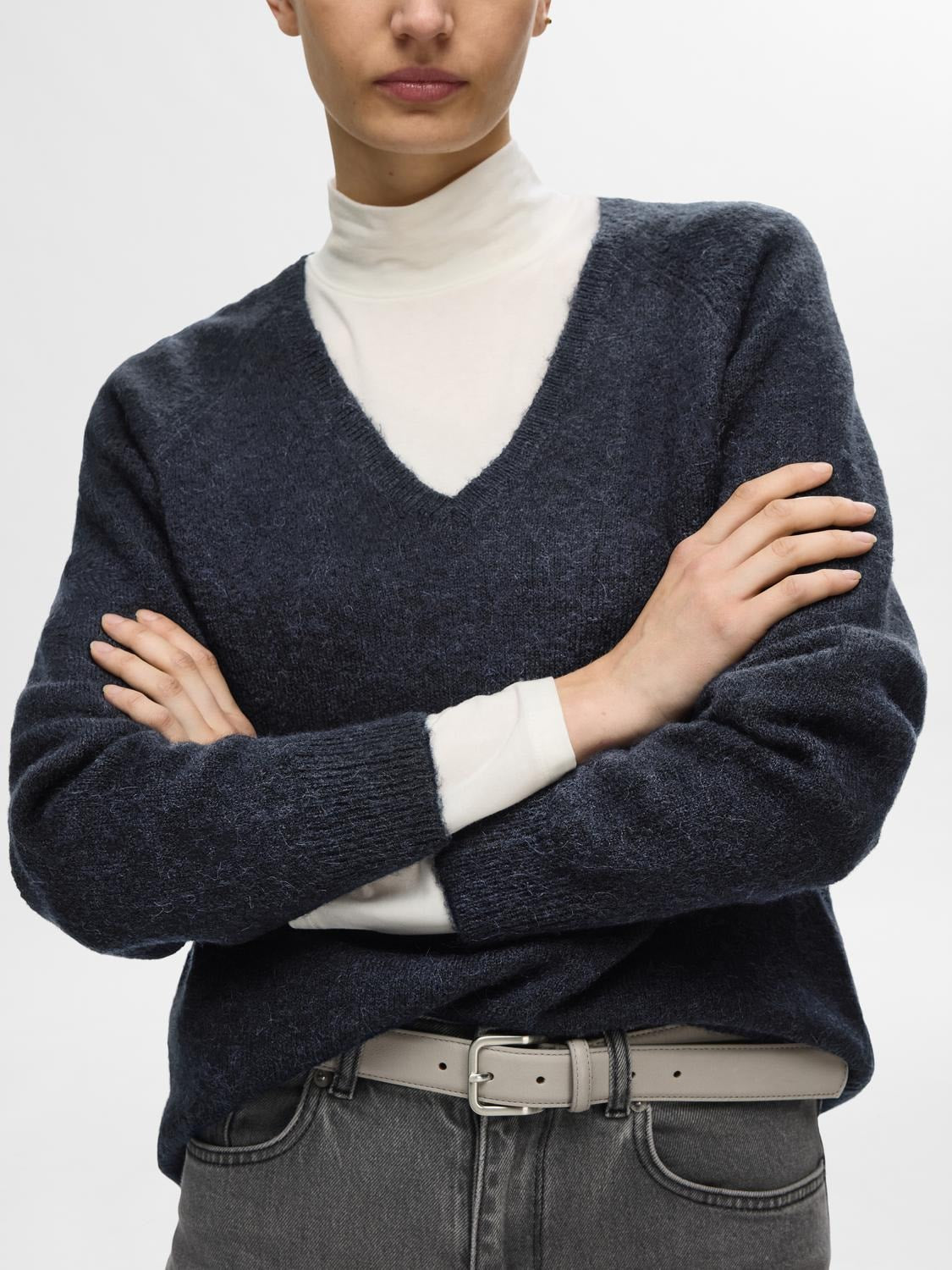 Lulu New Ls Knit V-Neck - Dark Sapphire Melange