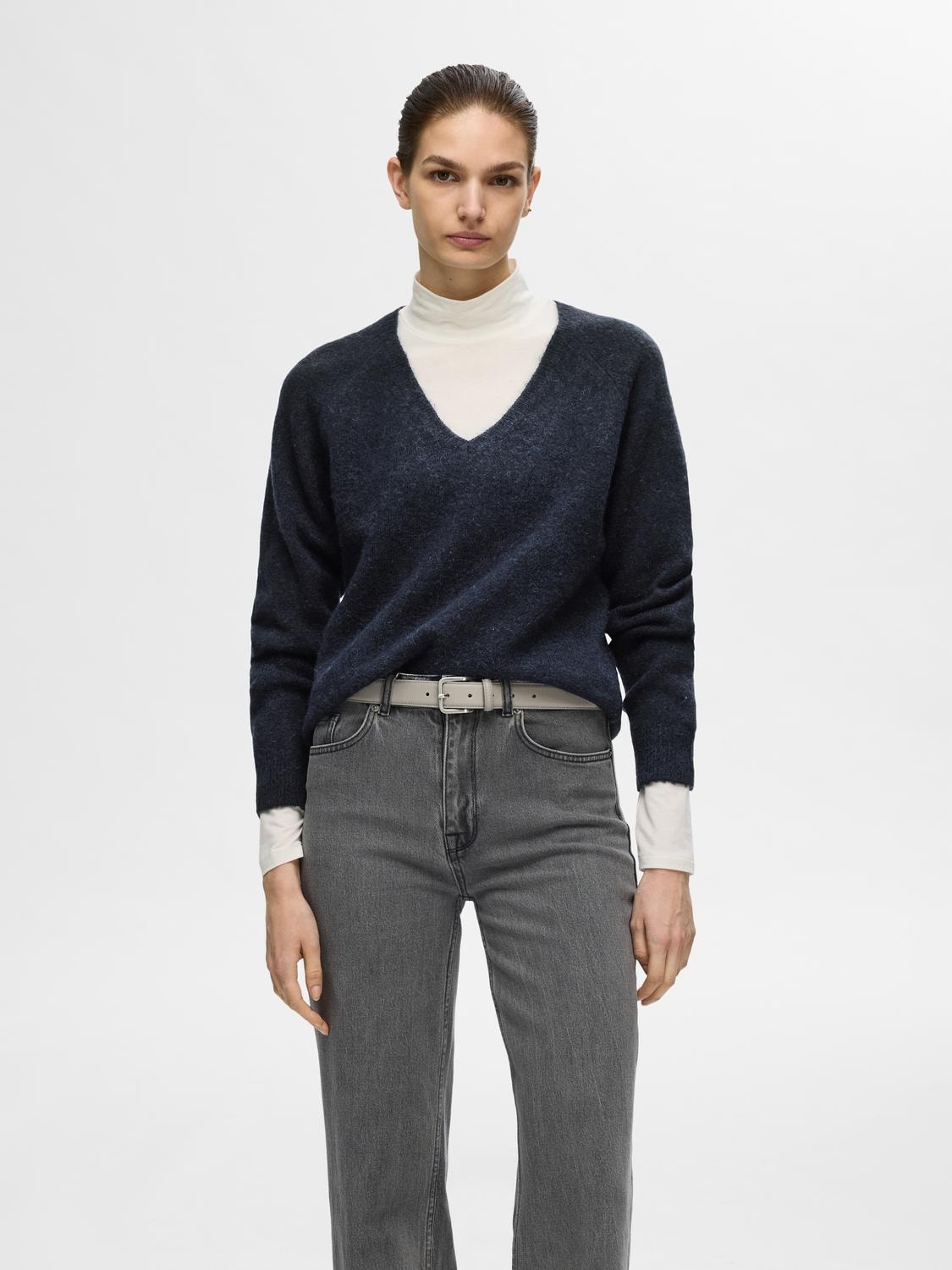 Lulu New Ls Knit V-Neck - Dark Sapphire Melange