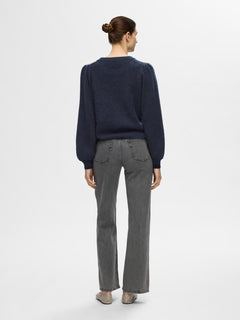 Lulu Ls Knit Rib O-Neck - Dark Sapphire Melange