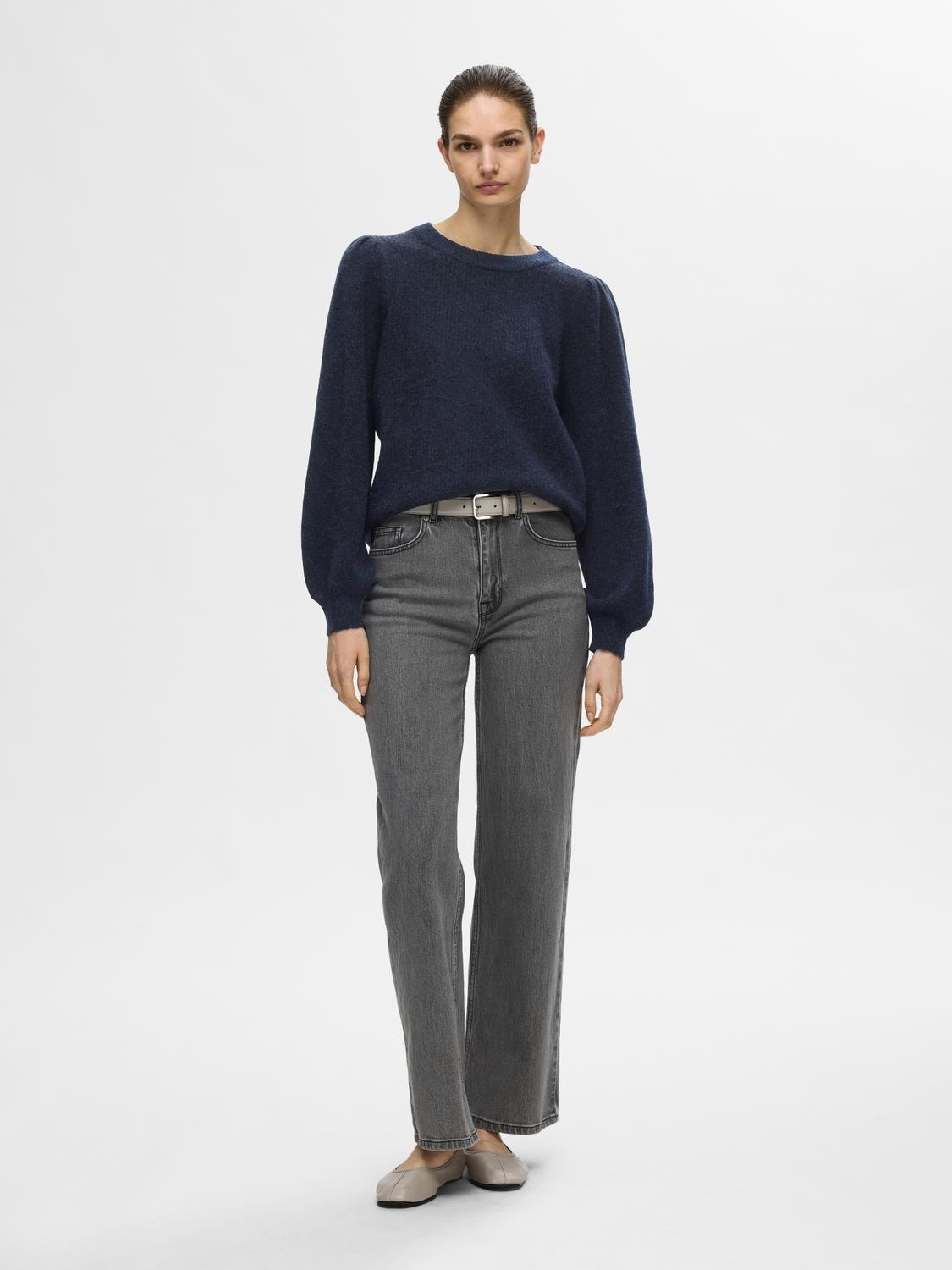 Lulu Ls Knit Rib O-Neck - Dark Sapphire Melange