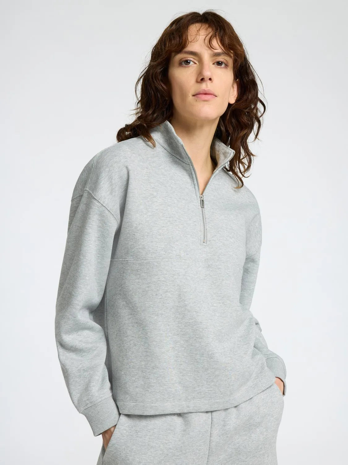 Gia Ls Zipper Sweat - Light Grey Melange