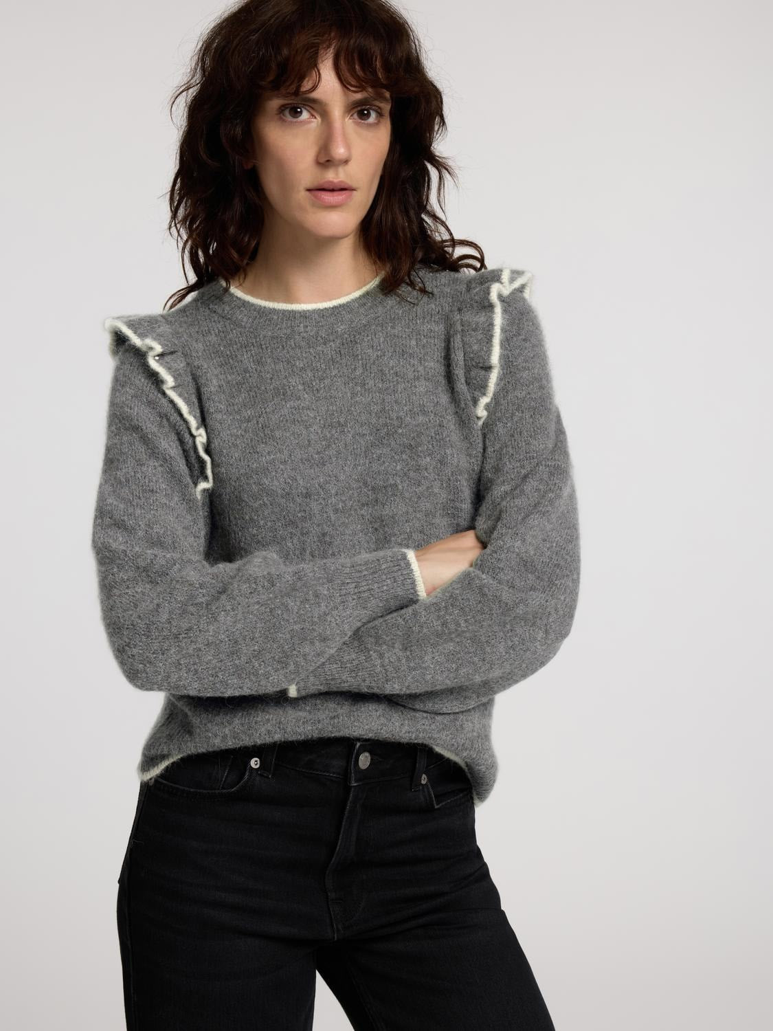 Alva Frills Ls Knit O-Neck - Medium Grey Melange/Birch