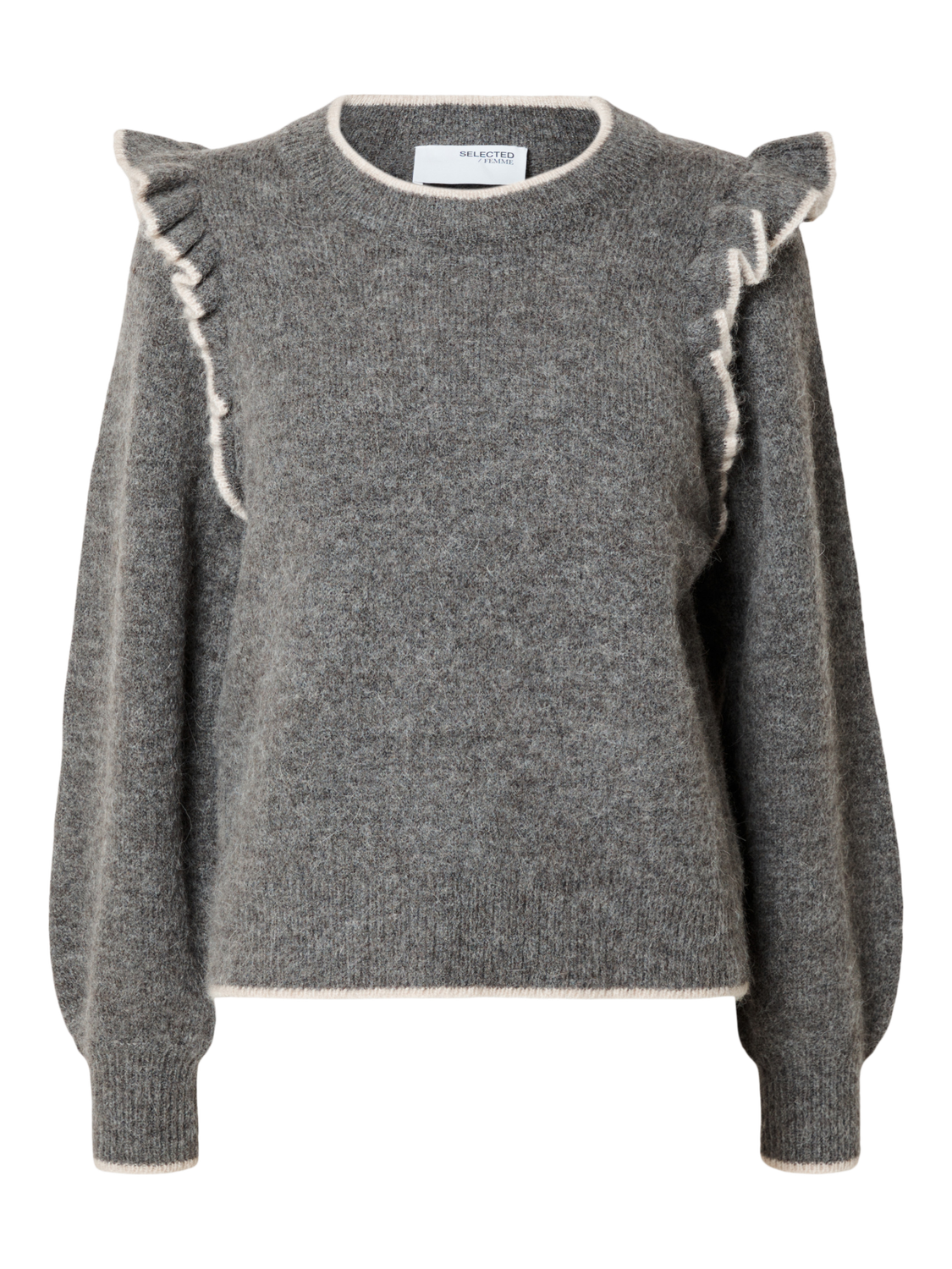 Alva Frills Ls Knit O-Neck - Medium Grey Melange/Birch