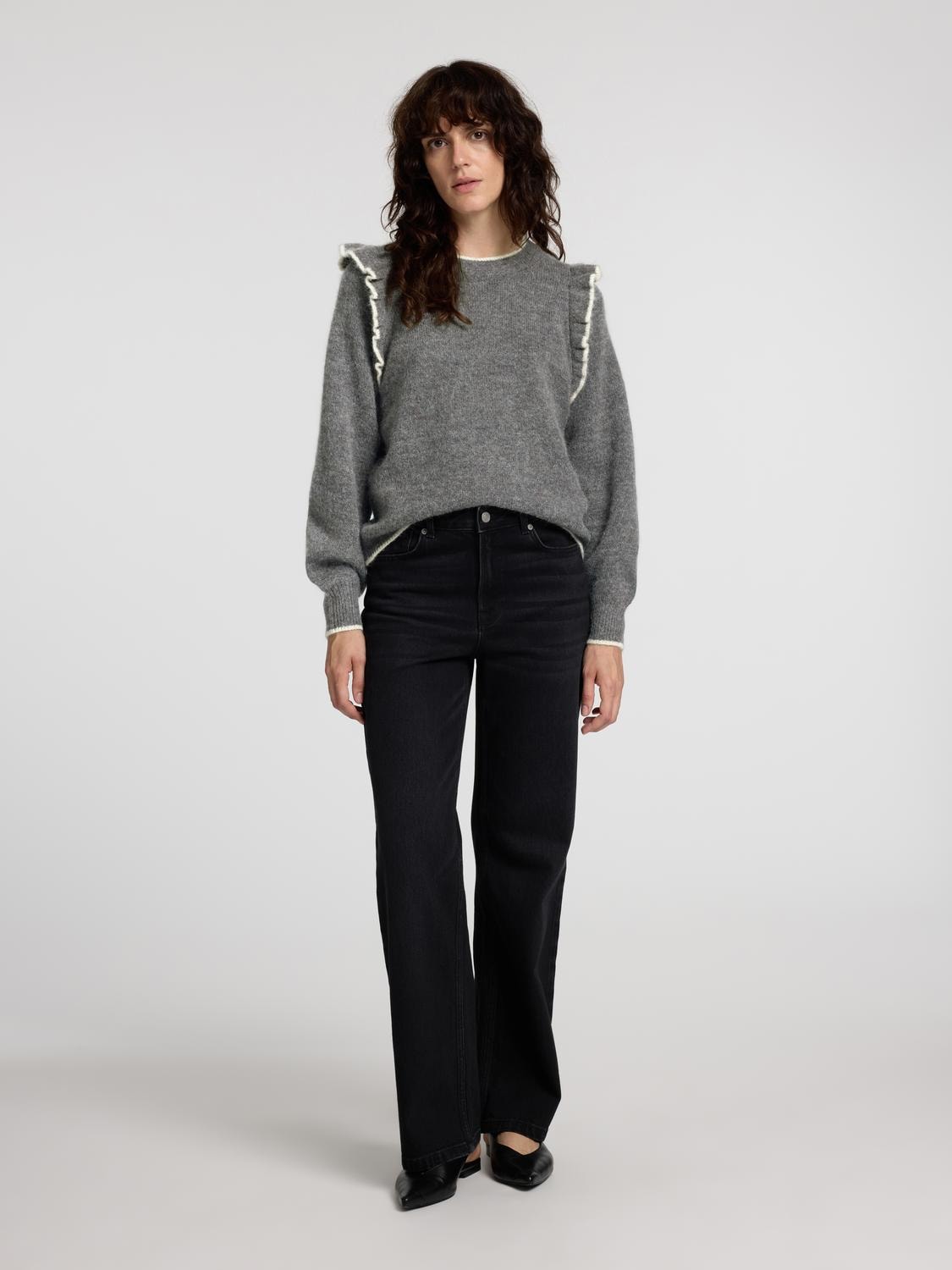 Alva Frills Ls Knit O-Neck - Medium Grey Melange/Birch