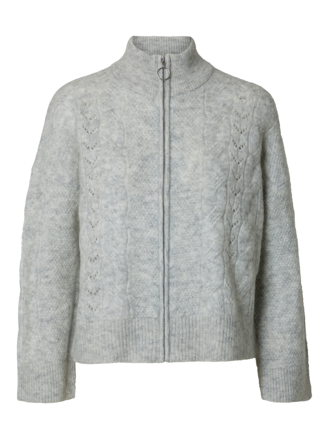 Vera Ls Knit Zip Cardigan - Light Grey Melange