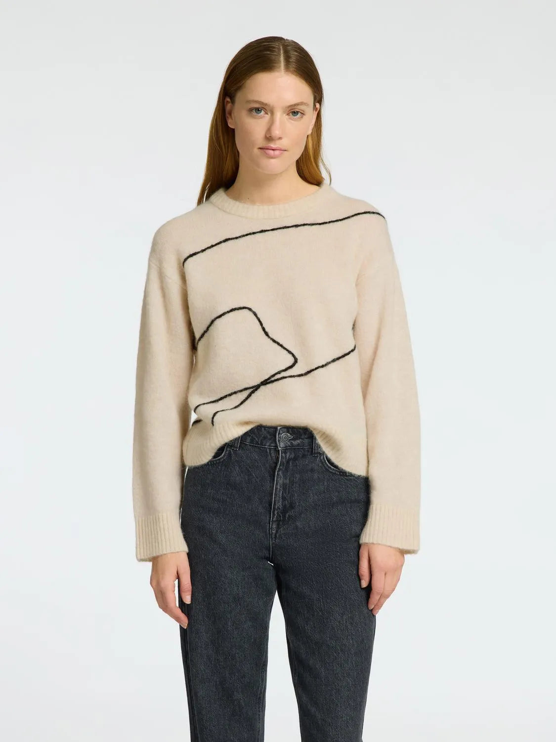 Sia Ras Ls Knit Artwork O-Neck - Birch Black