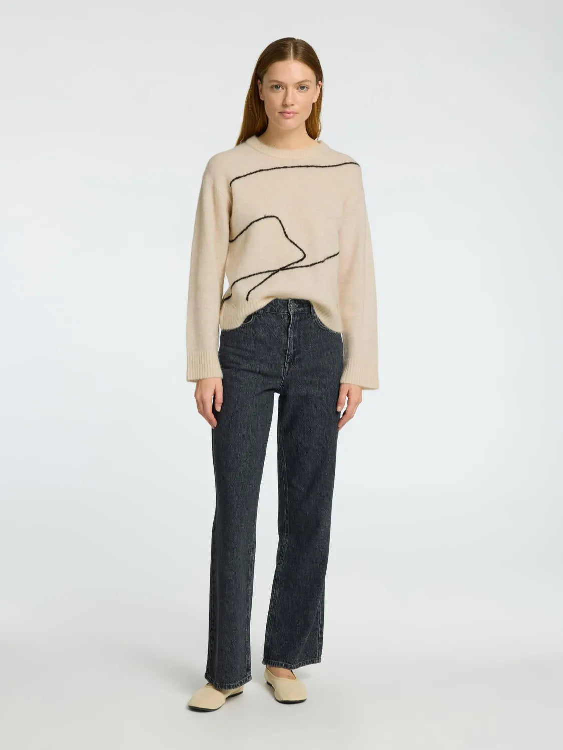 Sia Ras Ls Knit Artwork O-Neck - Birch Black