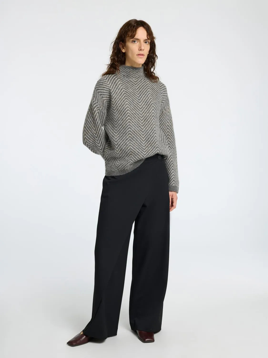 Selected Femme Lulu Ls Herringbone Knit High Neck - Medium Grey Melange/Birch