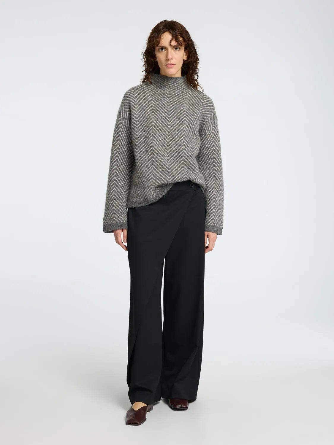 Selected Femme Lulu Ls Herringbone Knit High Neck - Medium Grey Melange/Birch