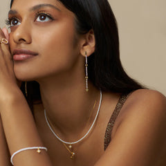 Cupchain & Etched Detail Long Drop Earrings - Pale Gold