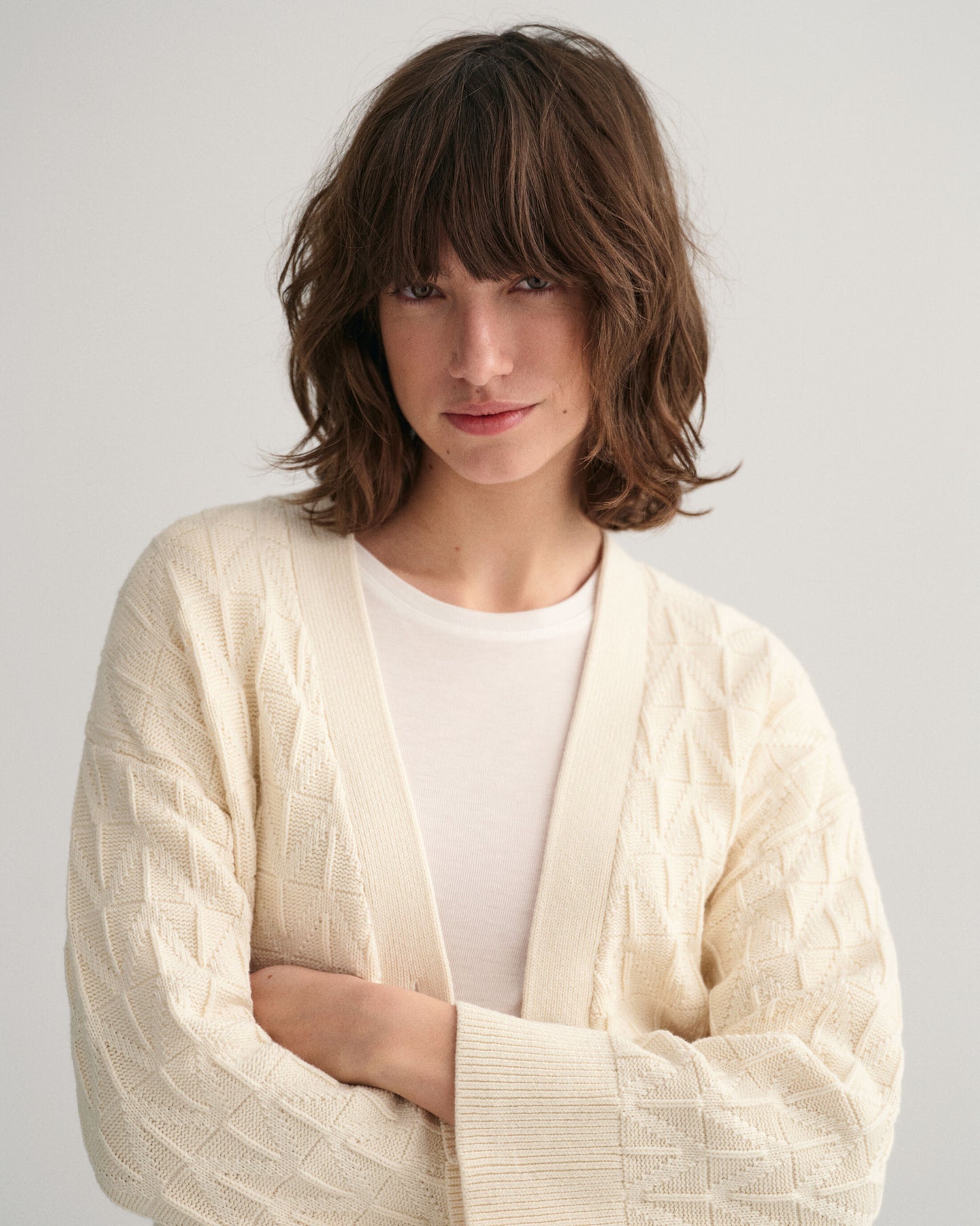 Herringbone V-Neck Cardigan - Cream