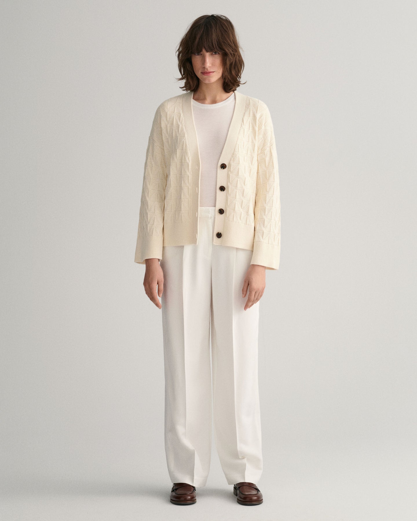 Herringbone V-Neck Cardigan - Cream