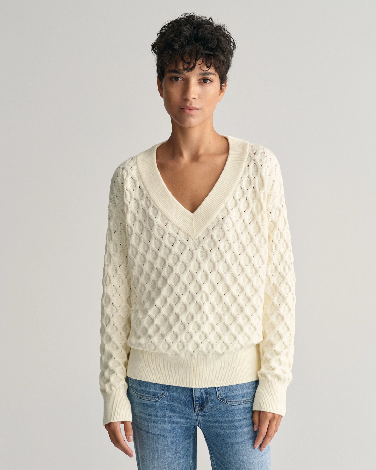 Textured Knit V-Neck - Cream