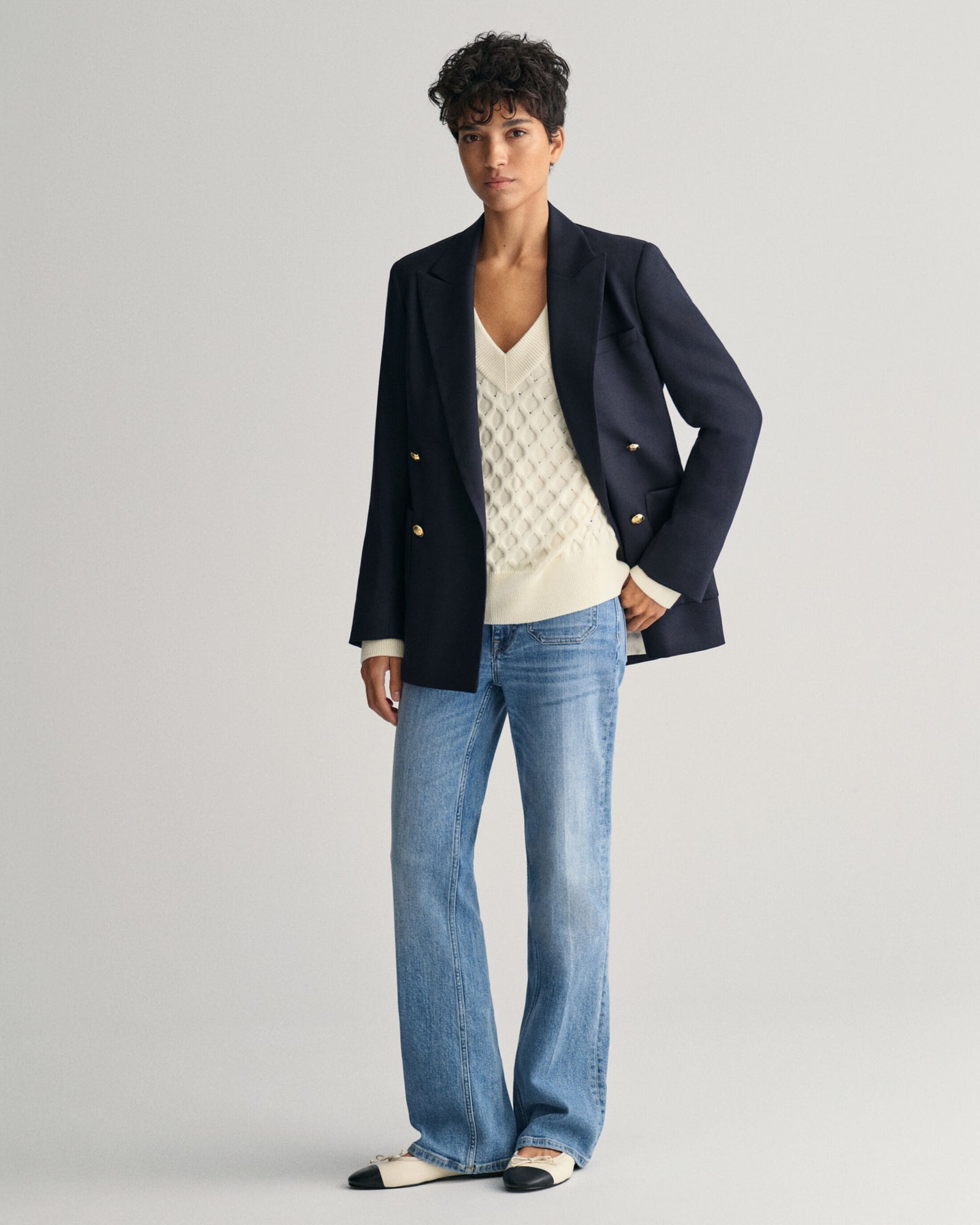Textured Knit V-Neck - Cream