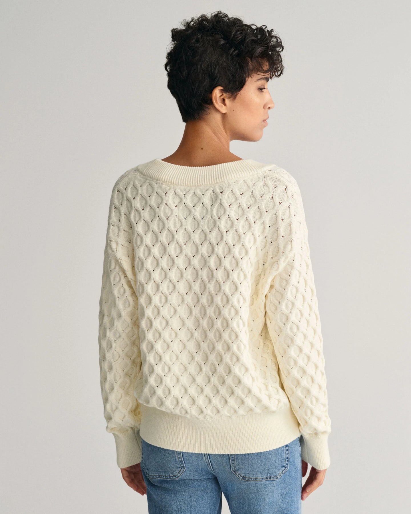 Textured Knit V-Neck - Cream