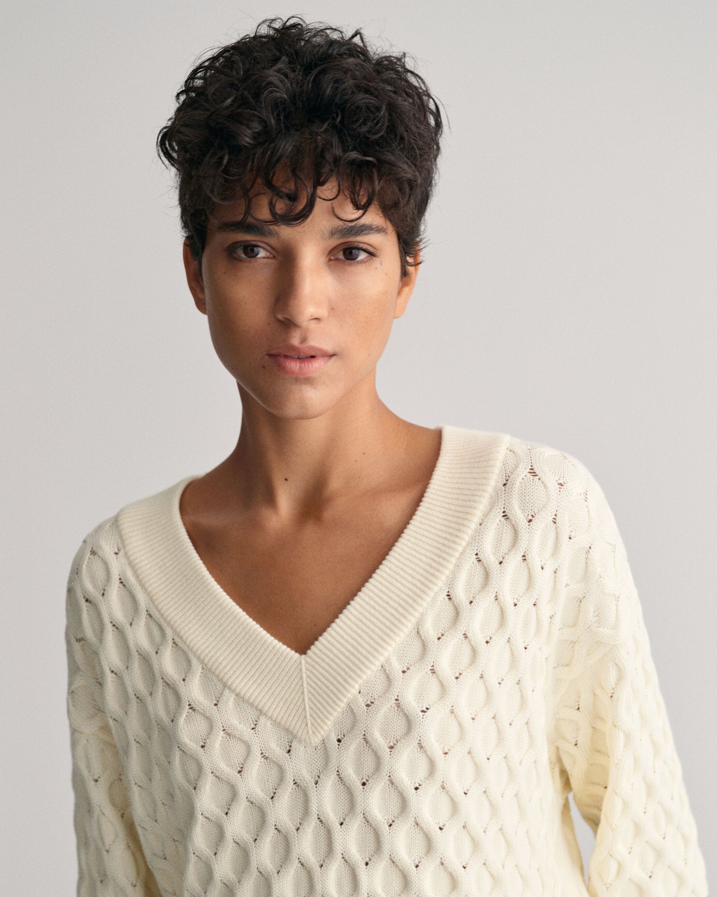 Textured Knit V-Neck - Cream