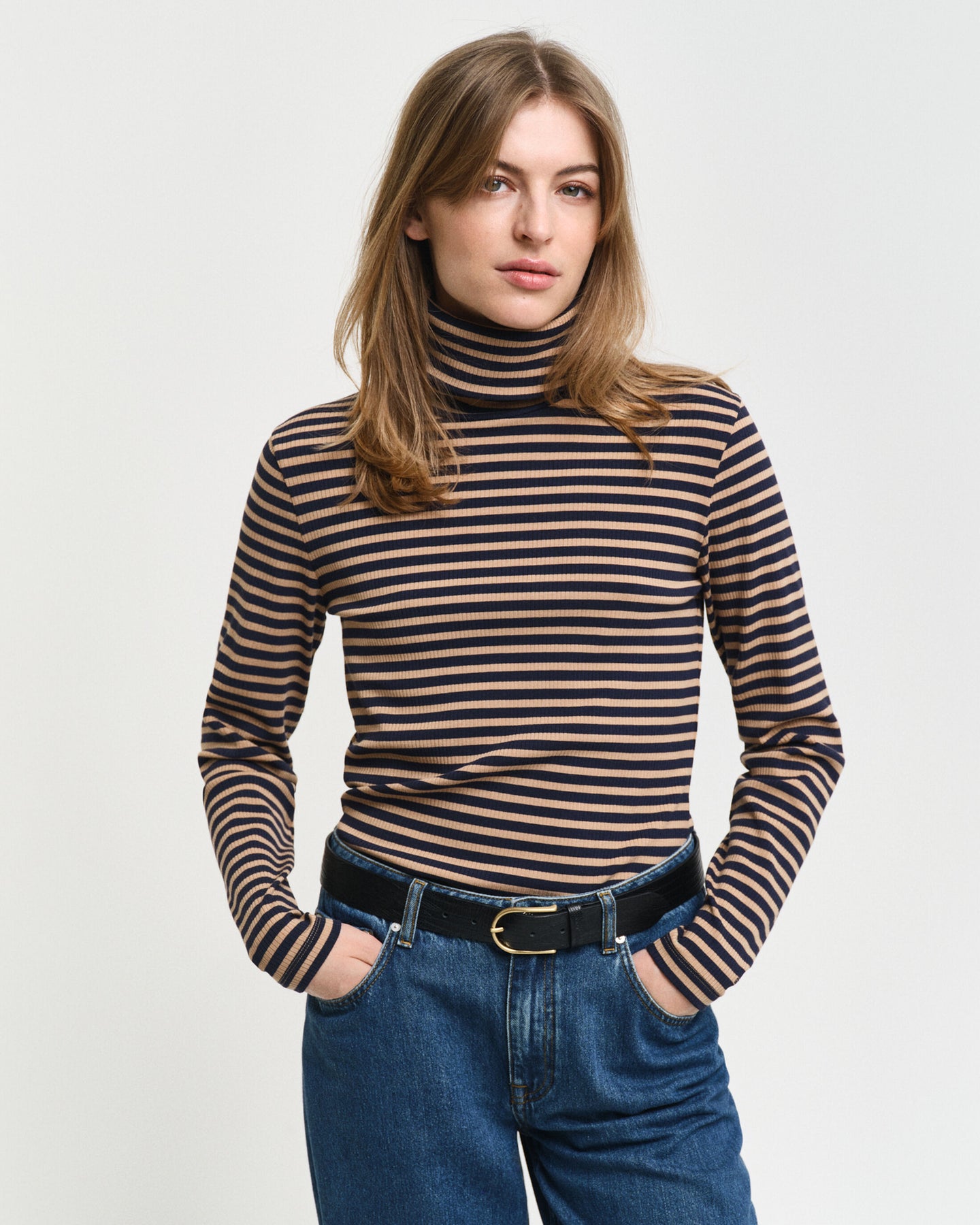 GANT Slim Striped Rib Turtleneck - Caramel Beige