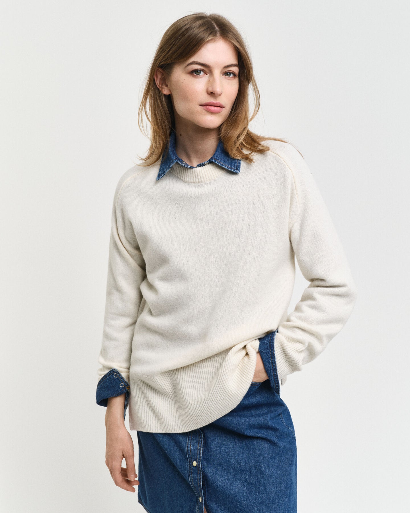 Herringbone Detail C-Neck - Cream