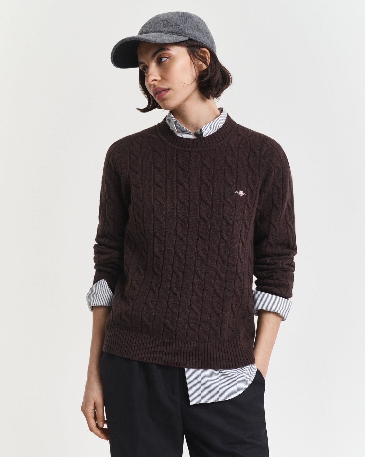 GANT Lambswool Cable C-Neck - Deep Brown
