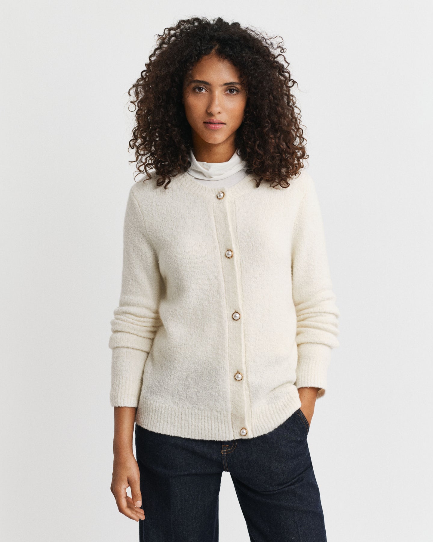 Boucle C-Neck Kofta - Krämvit