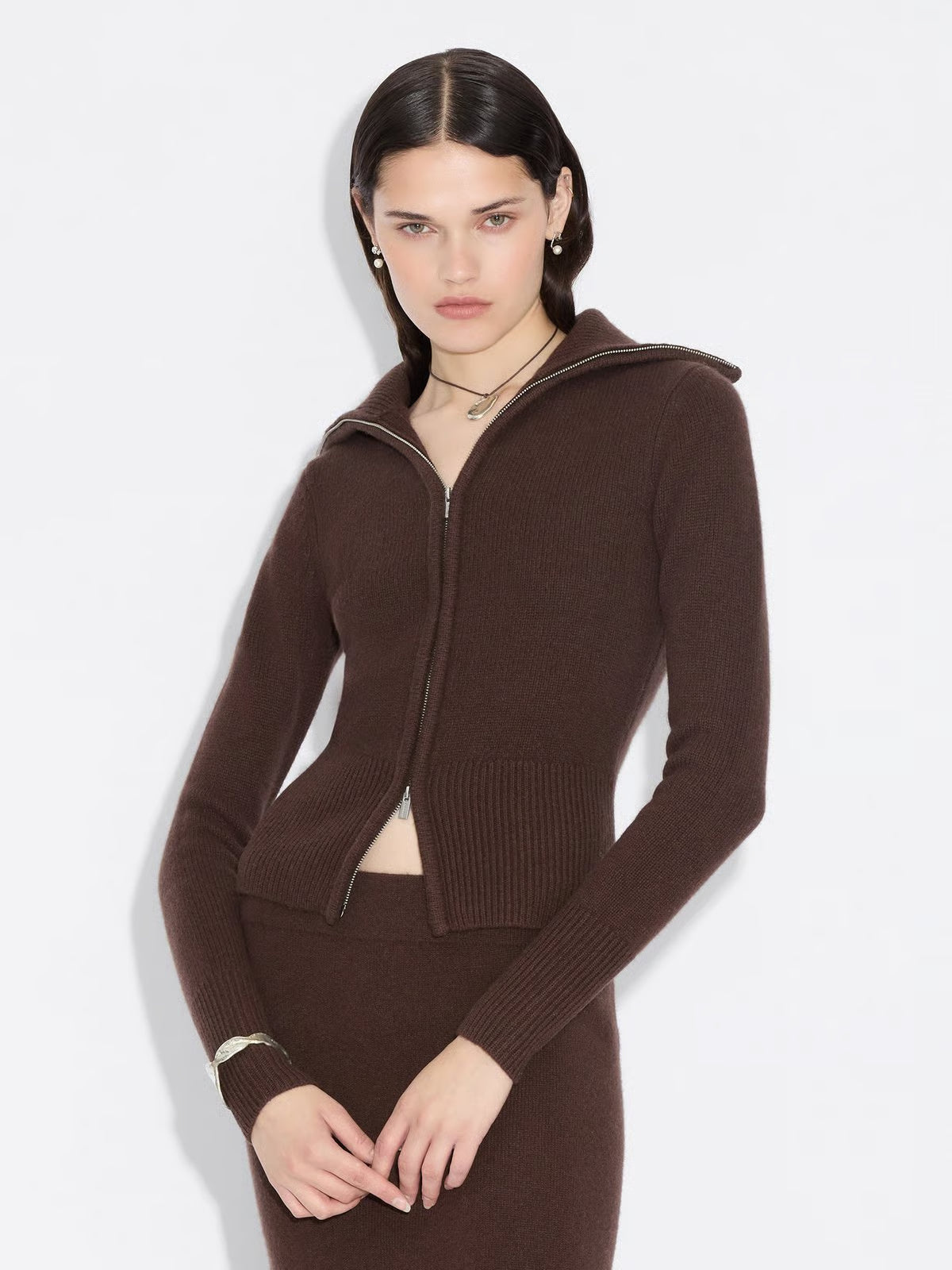 Line Wool Cardigan - Mörkbrun