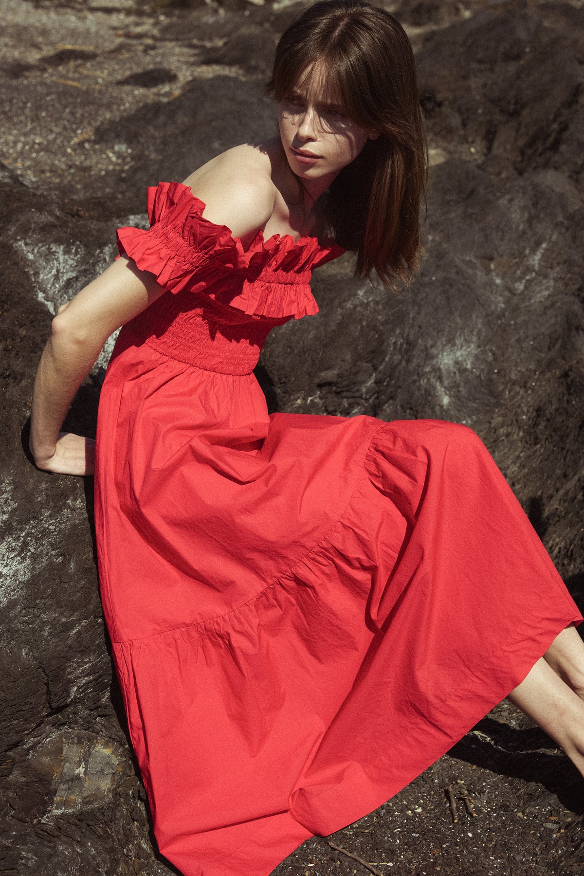 Cotton Poplin Long Smock Dress - Racing Red