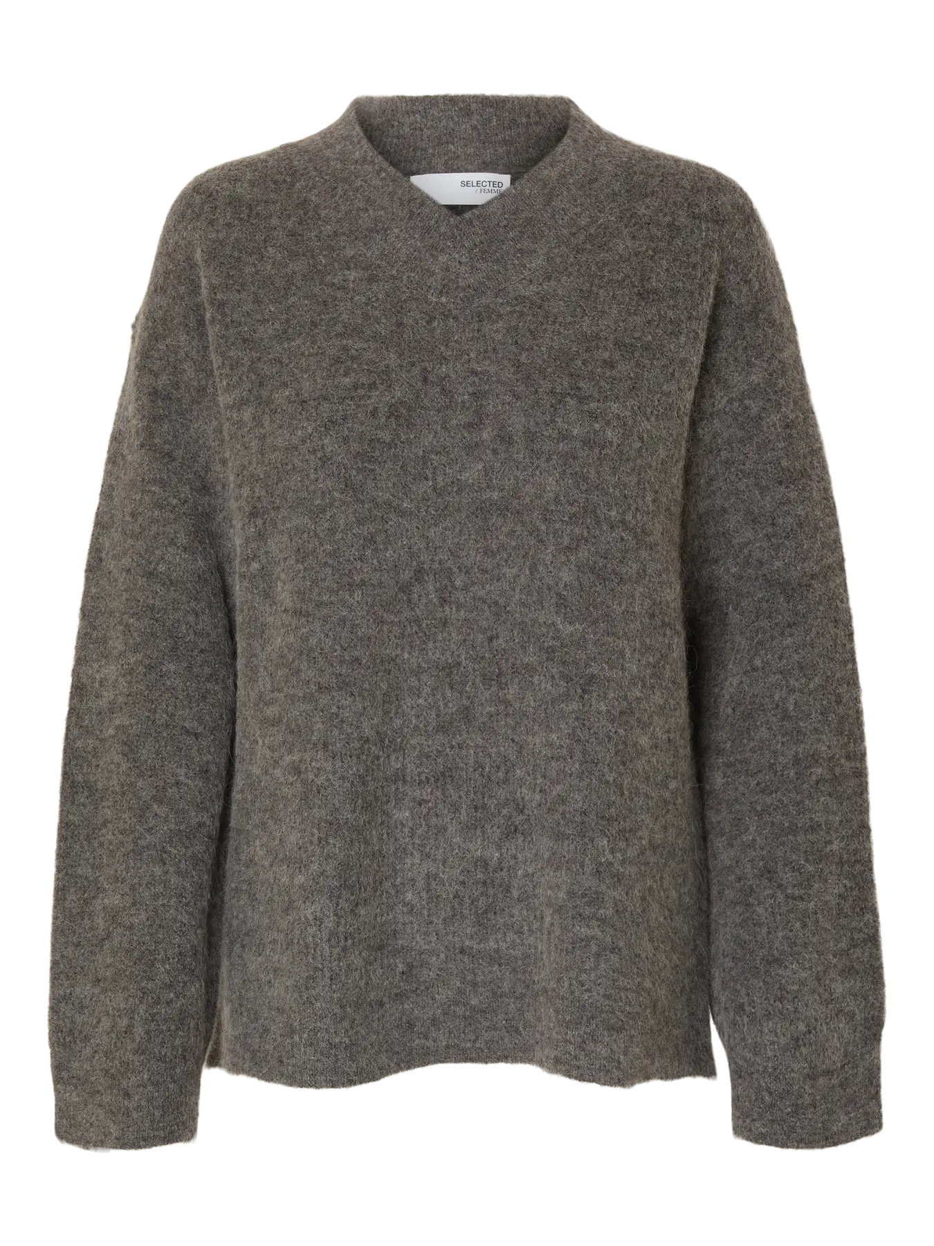 Selected Femme Sia Ras LS Knit Long V-Neck - Medium Grey Melange