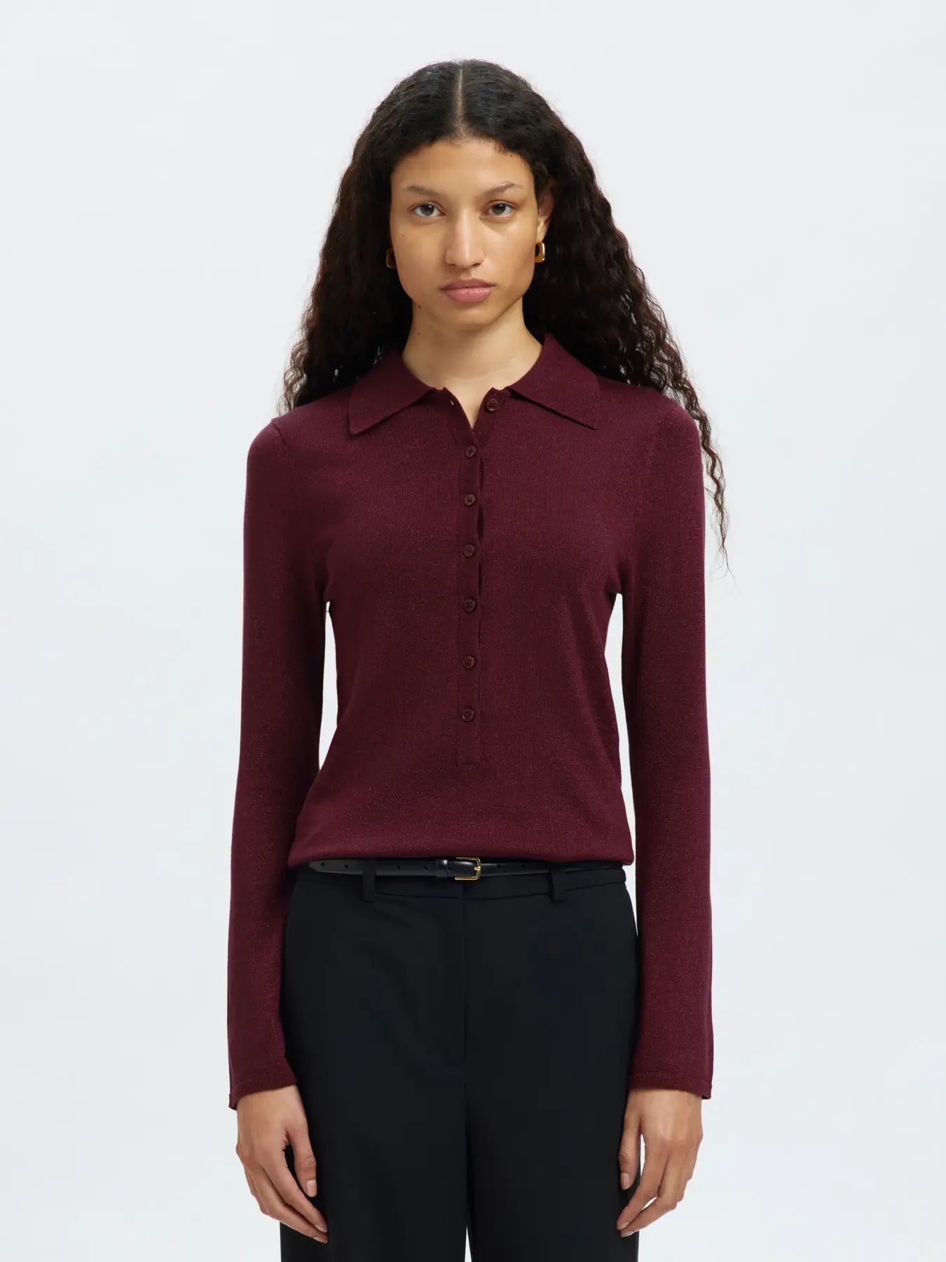 Lura Ls Slim Knit Collar Neck - Fig Tonal Lurex