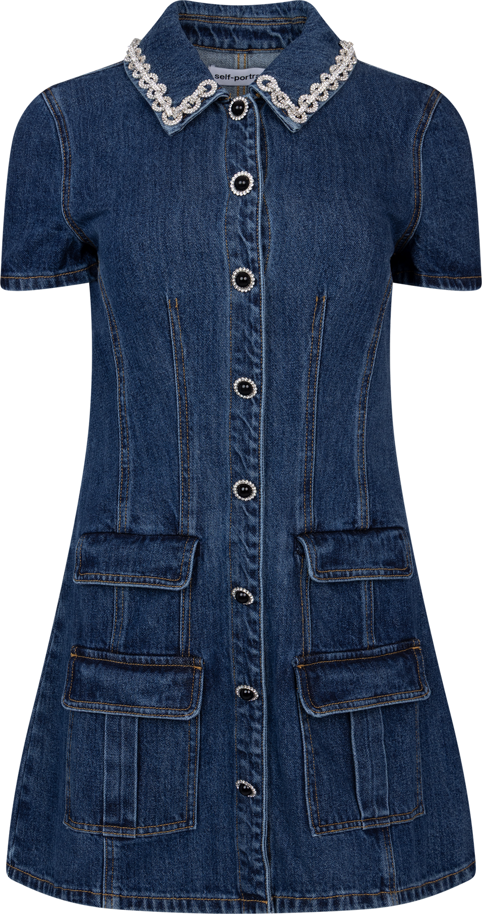 Denim Crystal Trim Collared Mini Dress - Blue