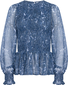 Rira Smock Chiffon Blouse - Blue Paisley