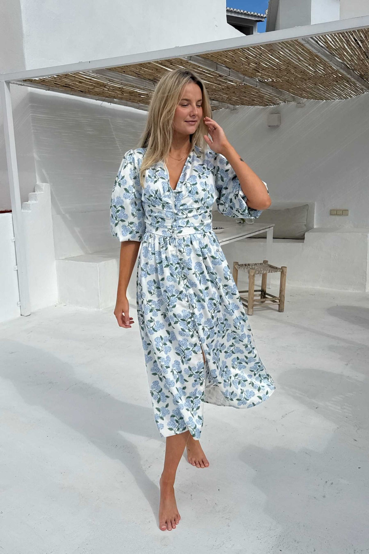Adelic Long Dress - Blått hortensiaprint