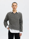 Selected Femme Sia Ras LS Knit Long V-Neck - Medium Grey Melange