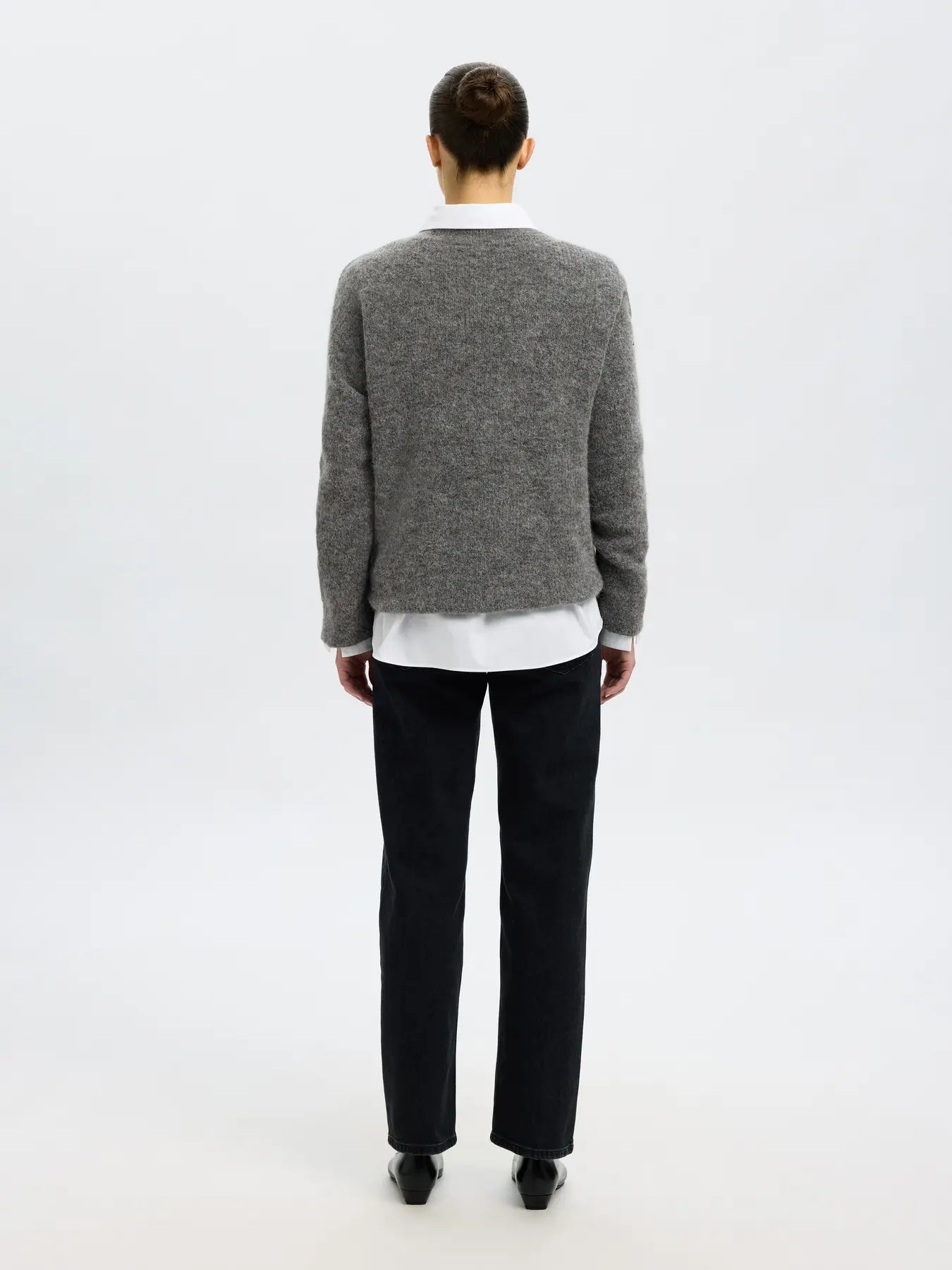 Selected Femme Sia Ras LS Knit Long V-Neck - Medium Grey Melange