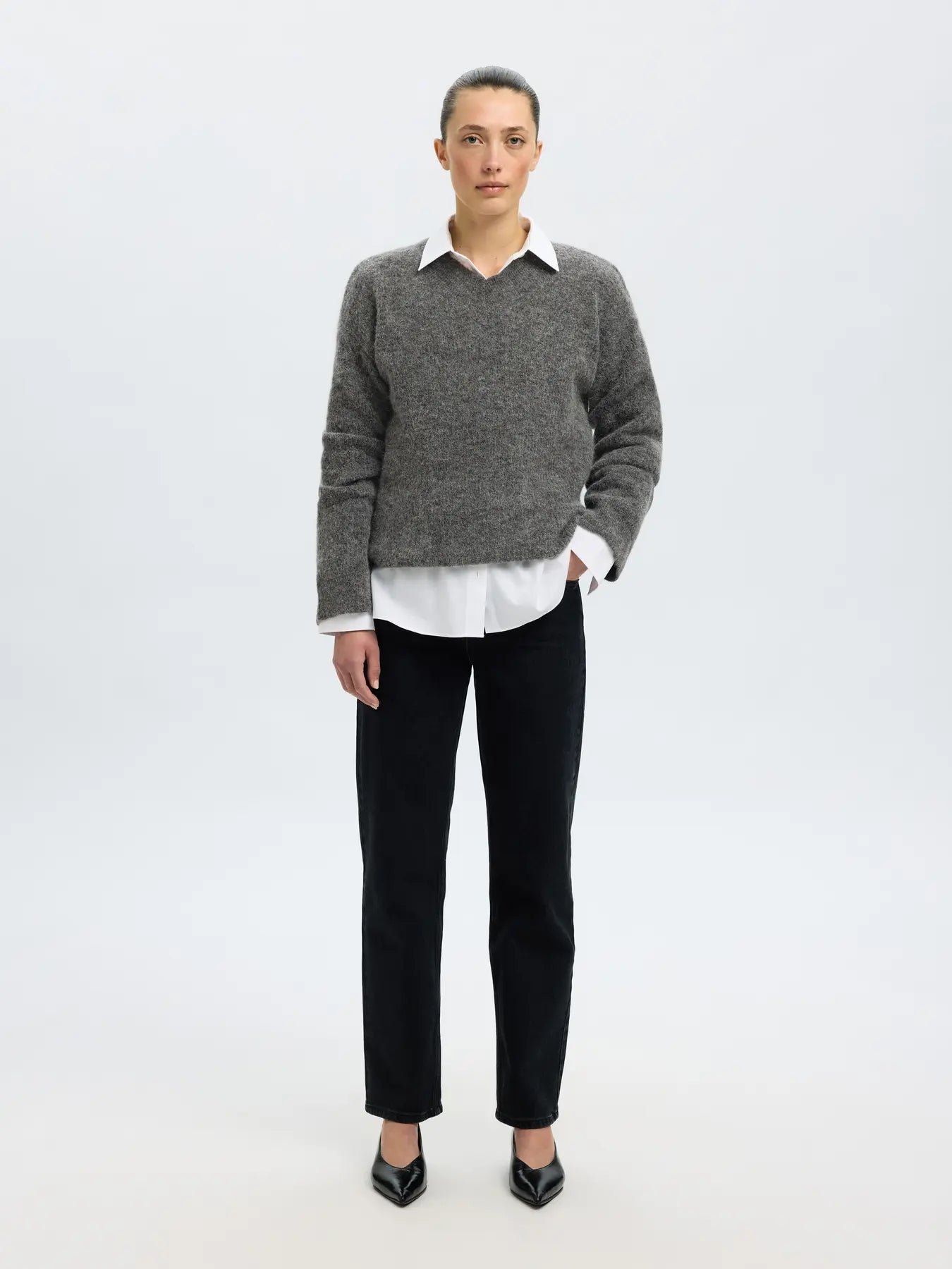 Selected Femme Sia Ras LS Knit Long V-Neck - Medium Grey Melange