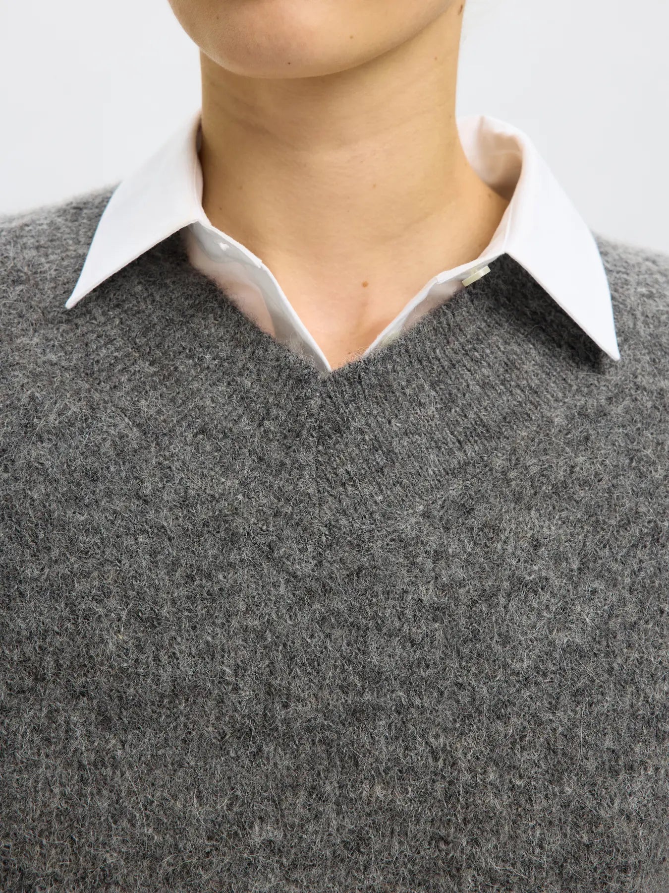 Selected Femme Sia Ras LS Knit Long V-Neck - Medium Grey Melange