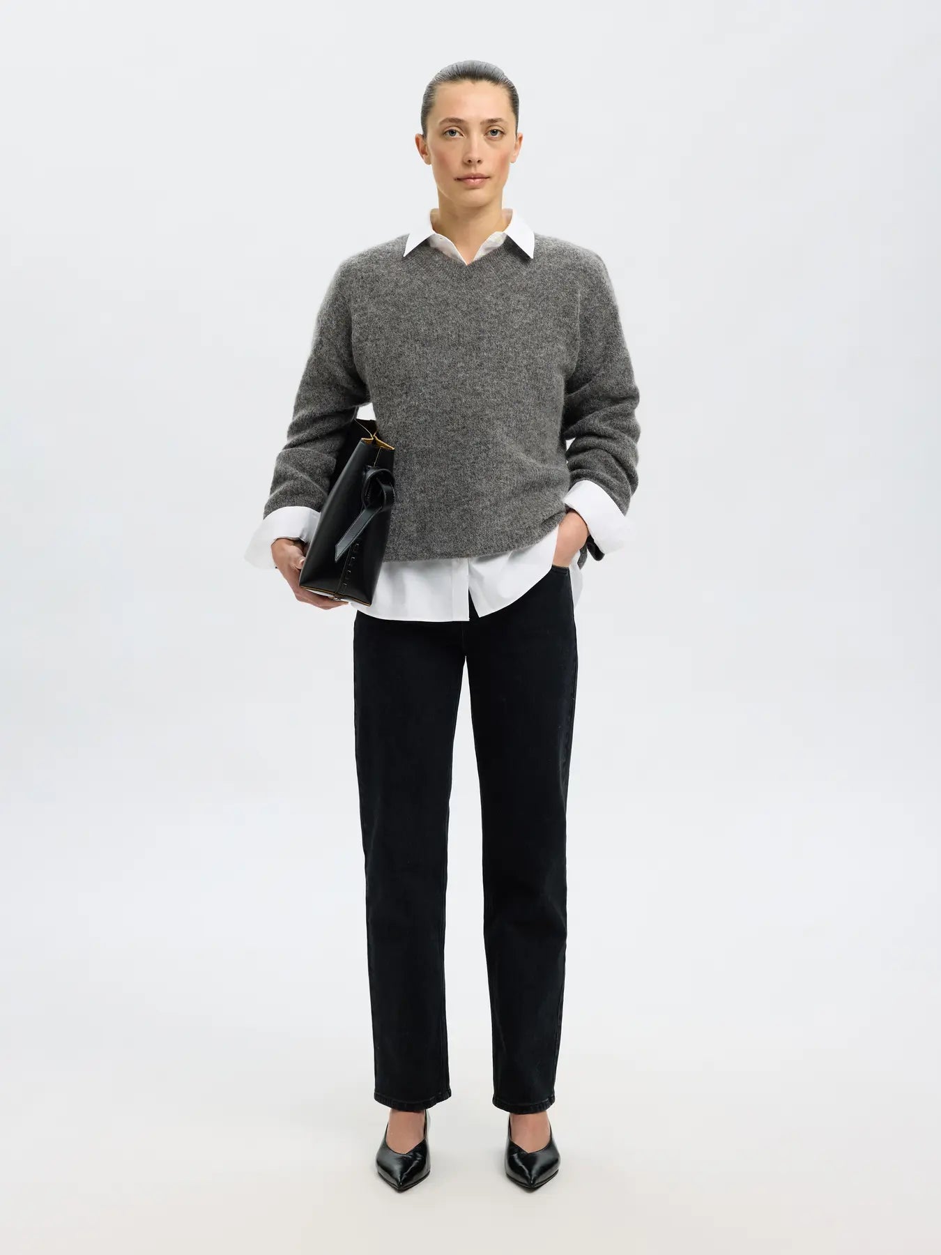 Selected Femme Sia Ras LS Knit Long V-Neck - Medium Grey Melange