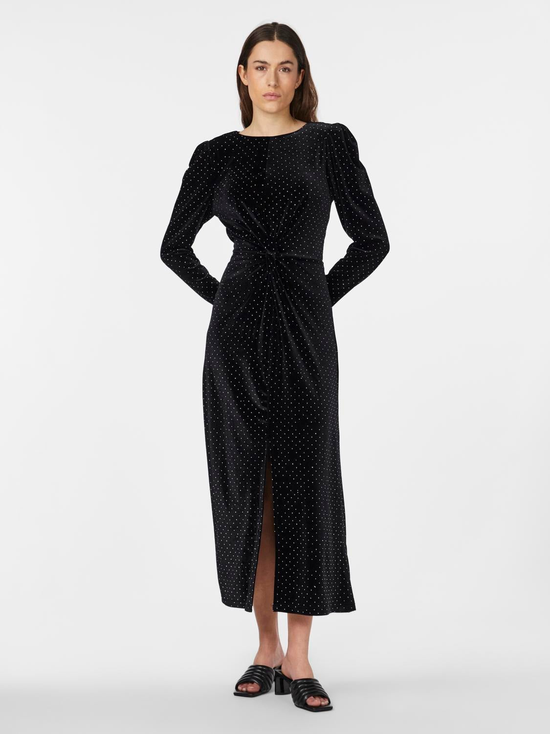 Yashella Ls Velour Midi Dress - Black Rhinestones