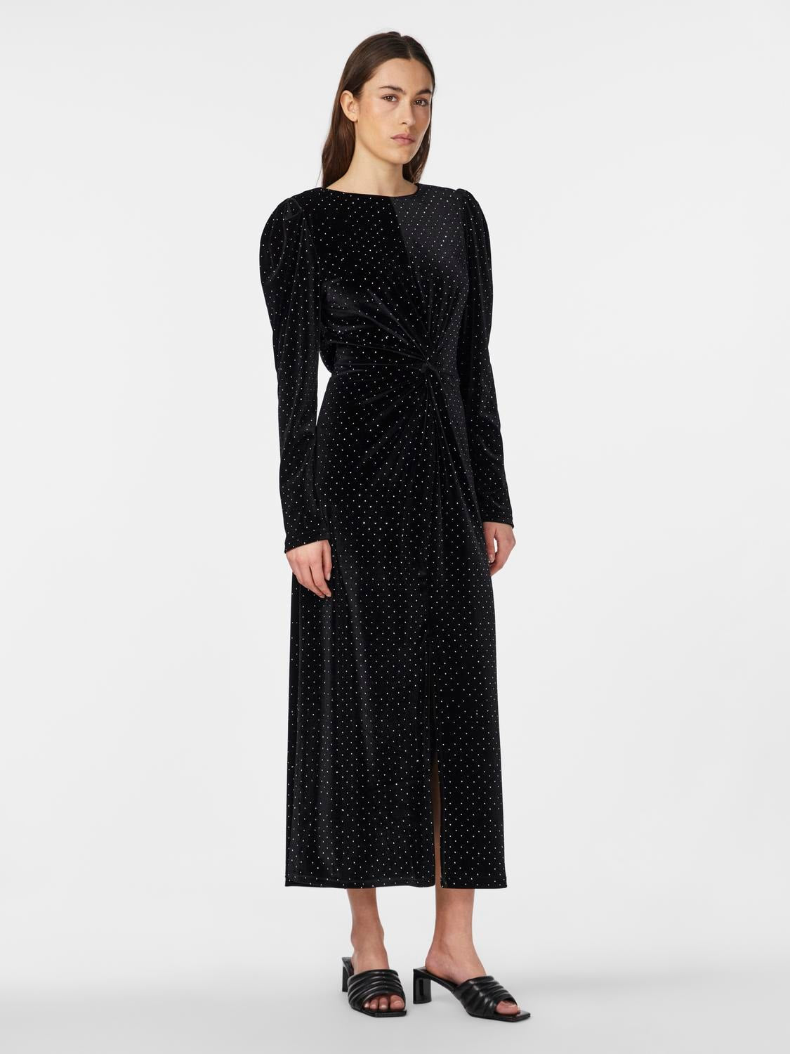 Yashella Ls Velour Midi Dress - Black Rhinestones