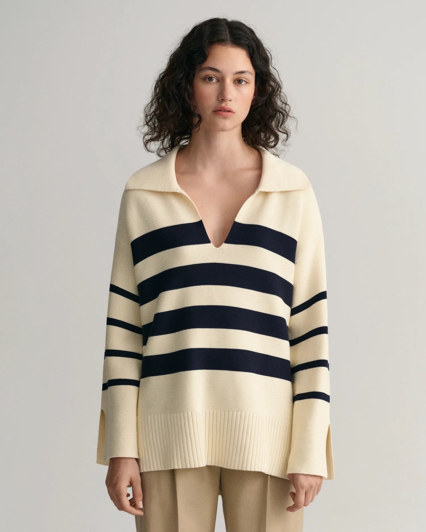 Breton Open Collar Knit Sweater - Cream