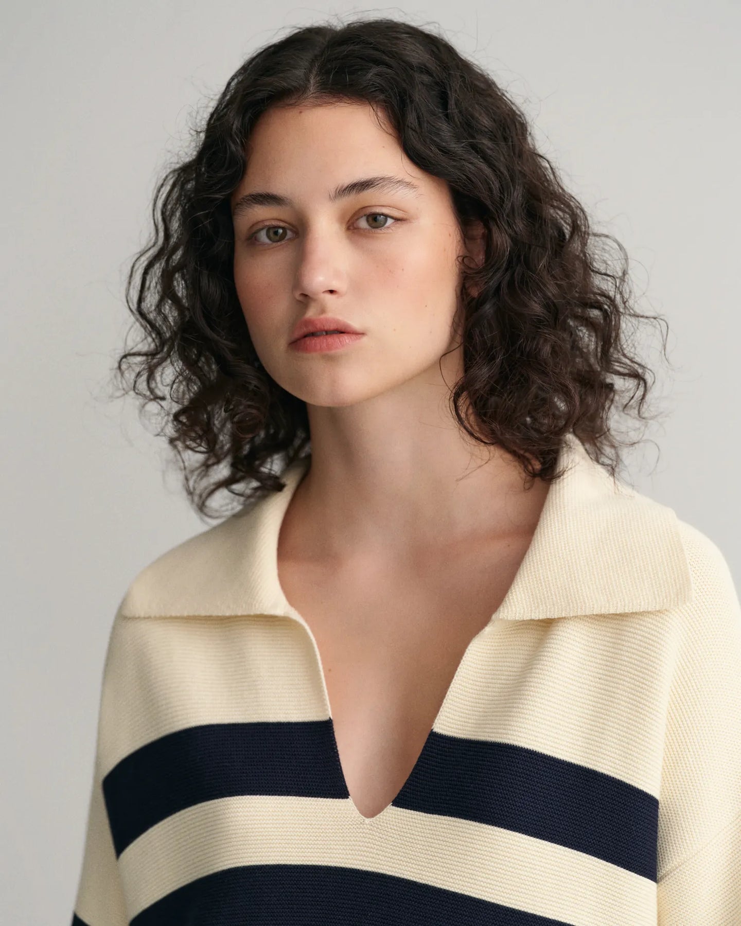 Breton Open Collar Knit Sweater - Cream