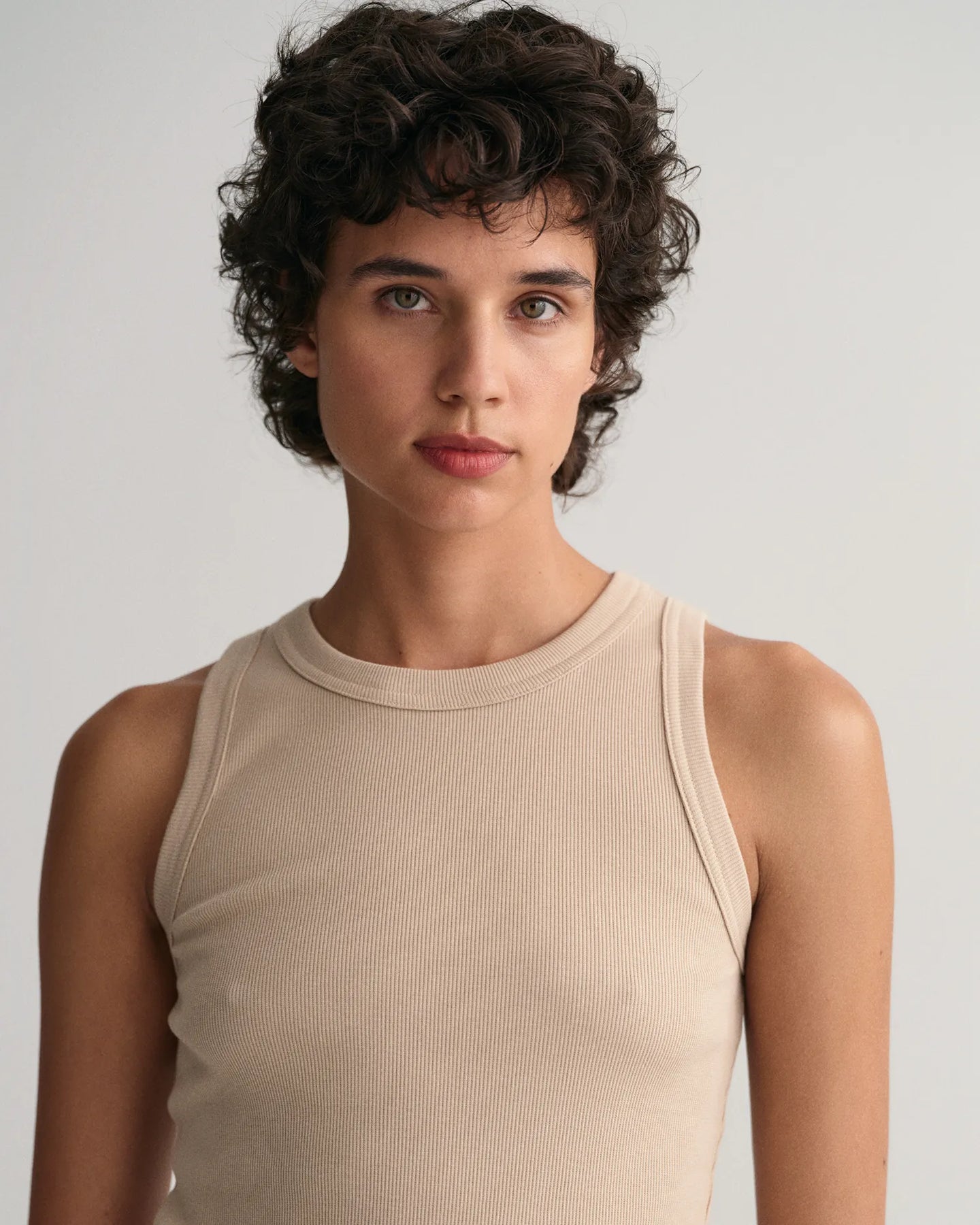 High Neck Rib Tank Top - Dry Sand