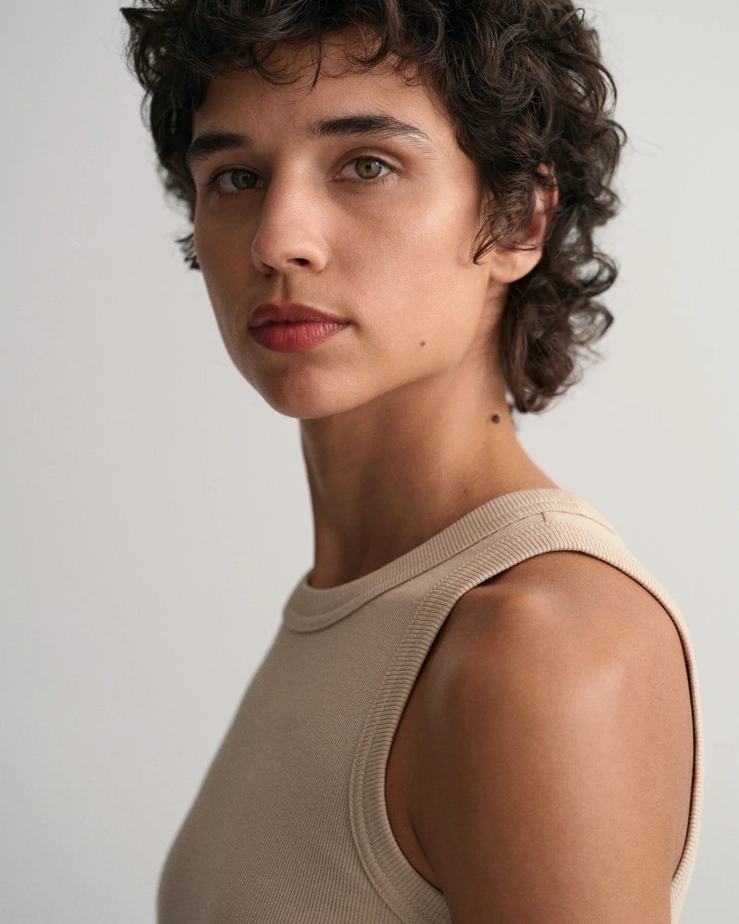 High Neck Rib Tank Top - Dry Sand